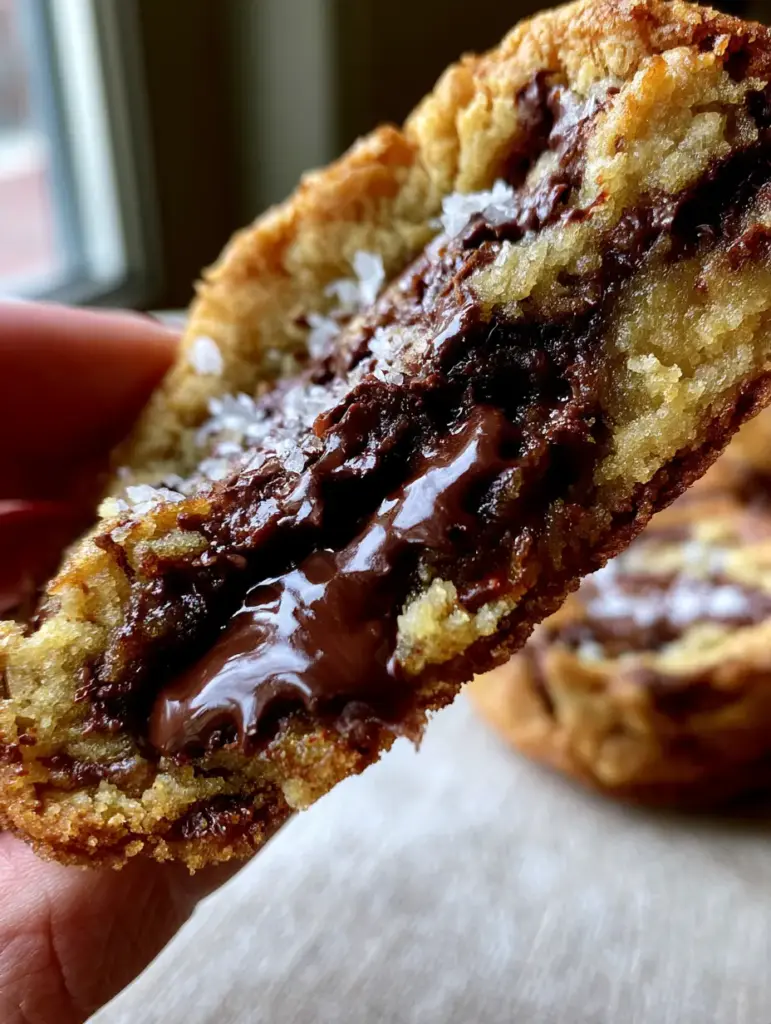 Top view of a crinkled Bakery style chocolate chip cookie with glistening brown butter sheen and sea salt.