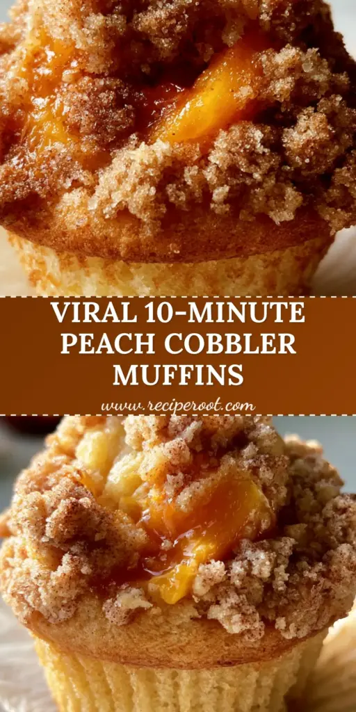 A towering bakery-style peach cobbler muffin with a massive cinnamon streusel top and glistening peaches on a white parchment liner. (peach cobbler muffins)