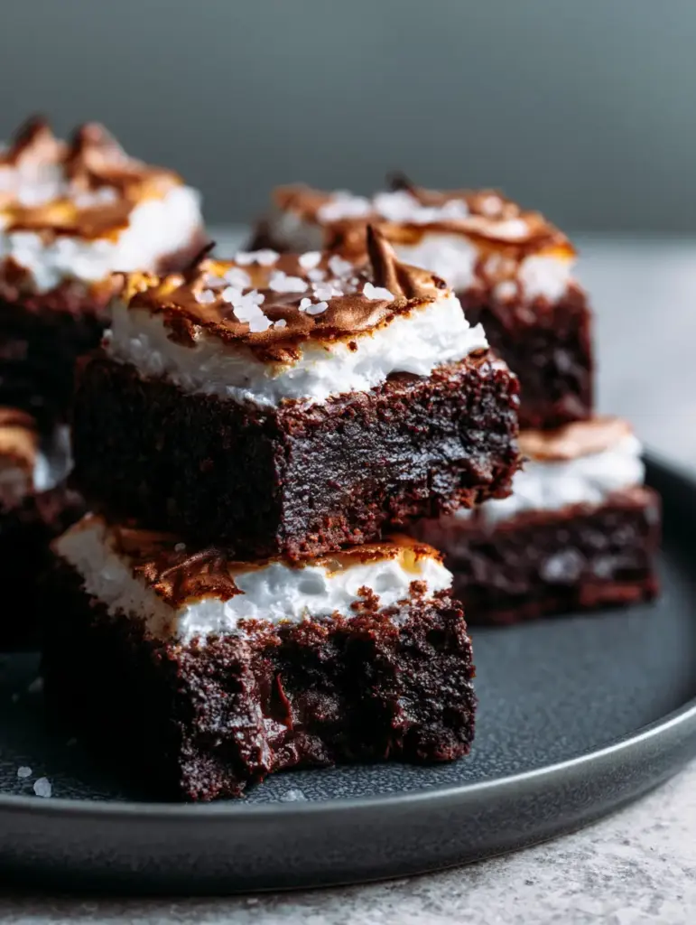 Slices of brownies on a matte charcoal plate against a neutral stone background. (best brownie recipe)