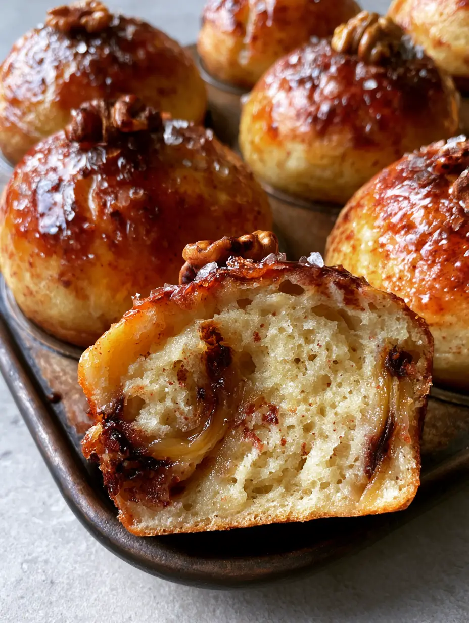 A high-angle shot of six jumbo banana bread muffins in a rustic tin, one broken open to reveal a steaming pale golden crumb. (banana bread muffins)