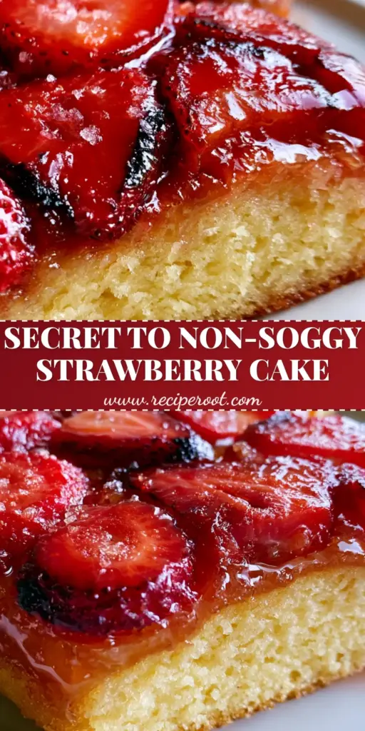 A stunning strawberry upside down cake with a mosaic of caramelized ruby-red strawberries and a glistening amber glaze on a rustic plate.