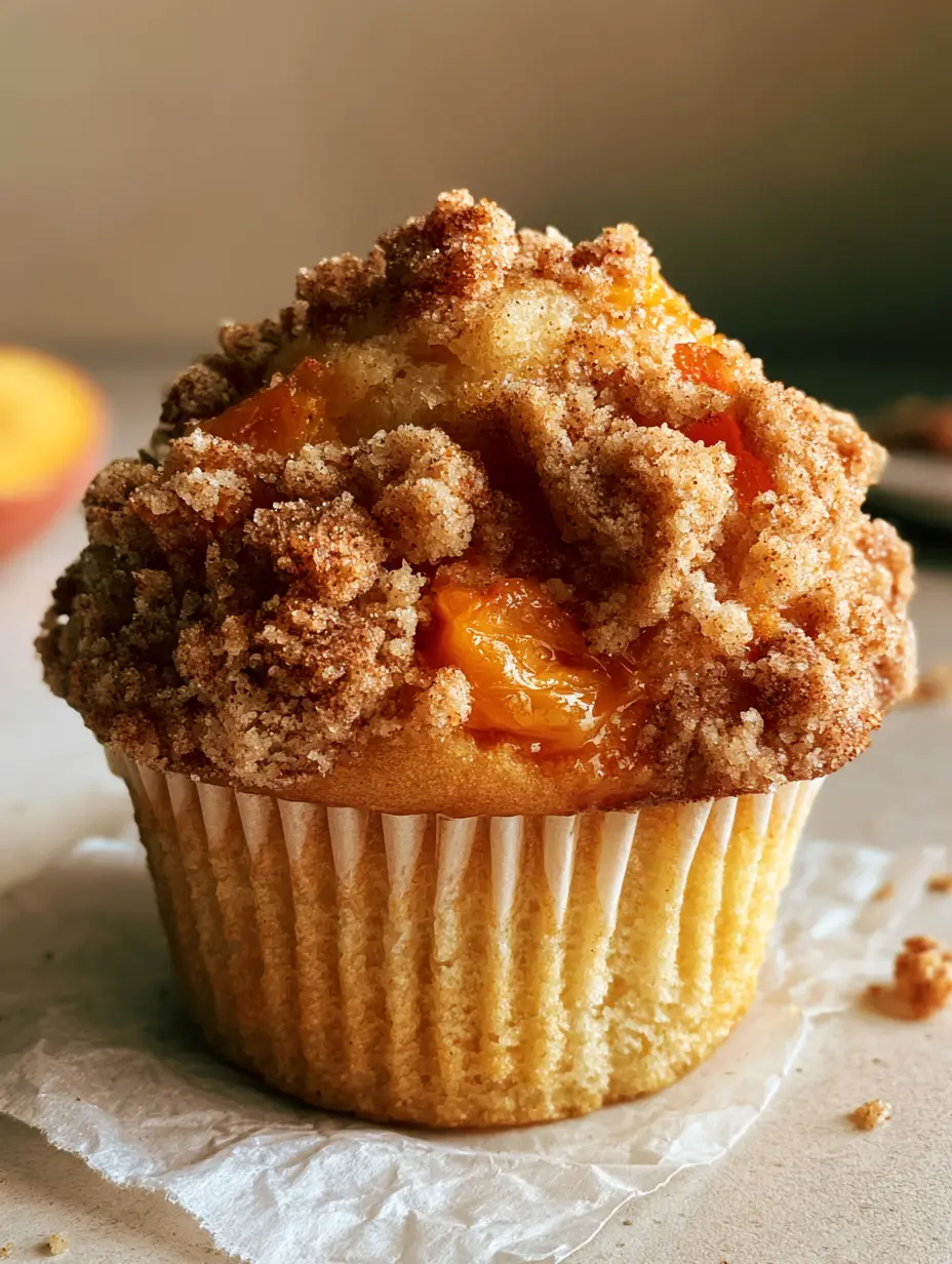 Close up macro photo of peach cobbler muffins showing the fluffy interior crumb and jammy fruit pieces. (peach cobbler muffins)