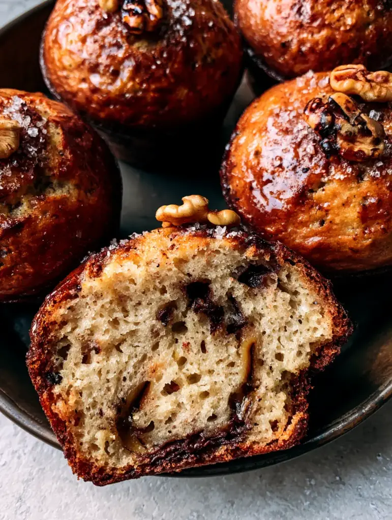 Close-up of caramelized muffin tops with toasted walnuts, sparkling turbinado sugar, and tiny flecks of cinnamon.