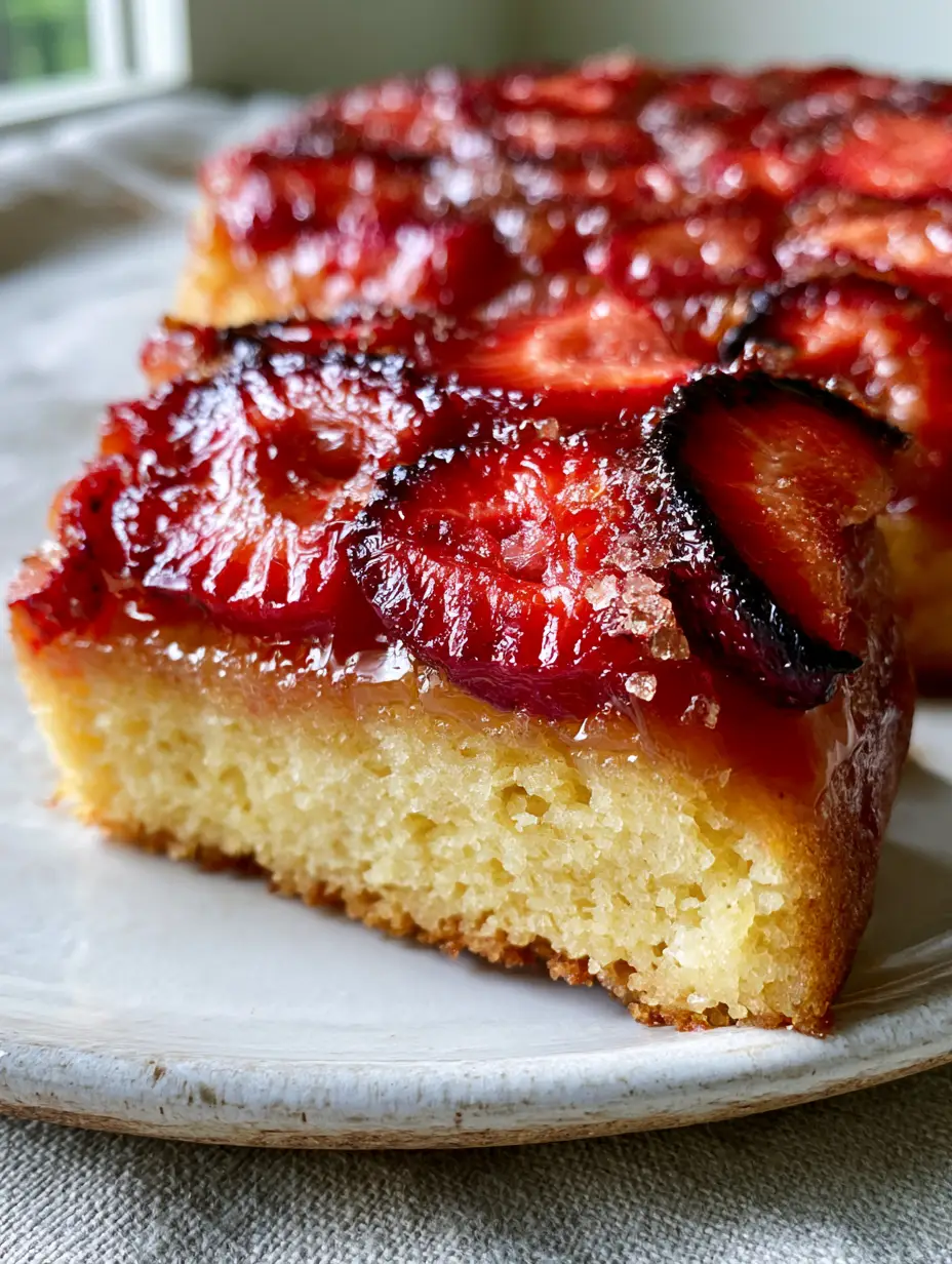 Close-up of a slice of strawberry upside down cake being lifted, showing the glistening translucent amber syrup and airy golden-yellow sponge.