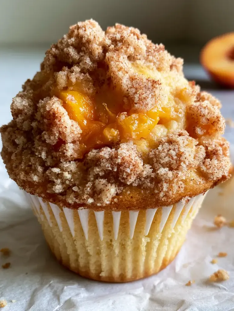 A handheld photo of a golden peach cobbler muffin in soft afternoon sunlight with sugar crystals glistening. (peach cobbler muffins)