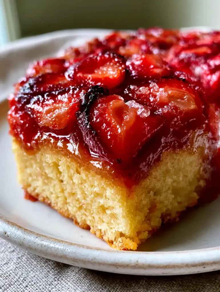 Top view of the strawberry upside down cake highlighting the mosaic of vibrant red berries and charred fruit edges.