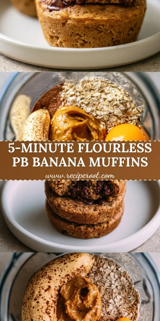 A tall stack of golden-brown flourless peanut butter banana muffins on a white plate with dark chocolate chips and a glossy peanut butter drizzle.