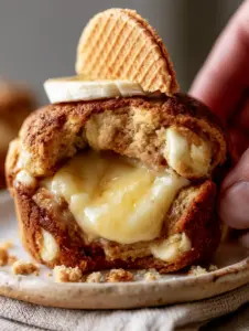 Close-up of a Banana Pudding Cookie Muffin broken in half, revealing a thick, glossy yellow custard center and white chocolate chips. (Banana Pudding Cookie Muffins)