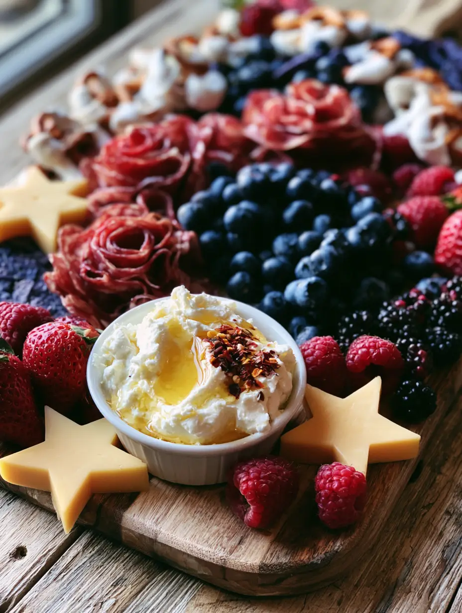 Close up of whipped feta dip with honey and chili flakes on a board with 4th of July party ideas.