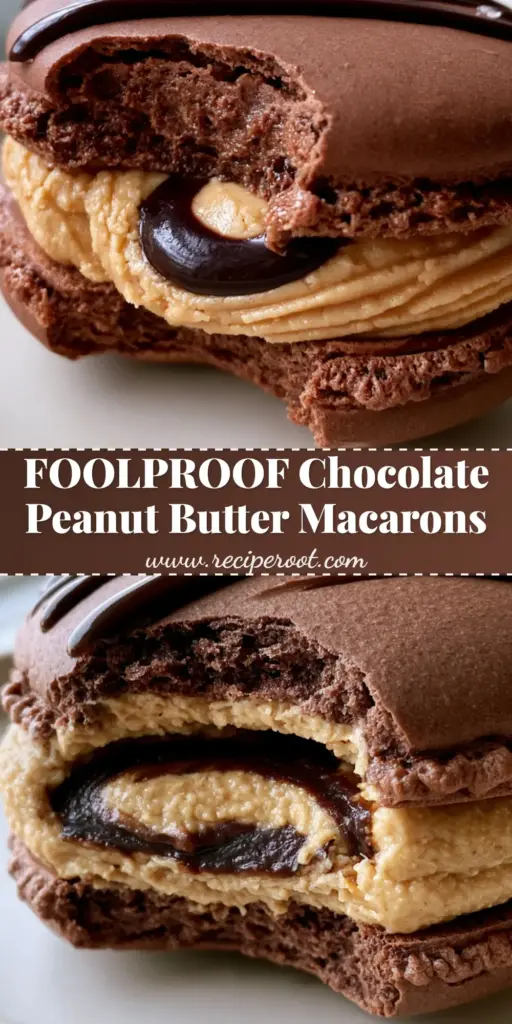A stack of professional chocolate peanut butter macarons with ruffled feet and glossy chocolate drizzle. (chocolate peanut butter macarons)