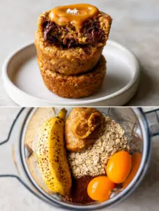 Professional split-screen shot showing finished flourless peanut butter banana muffins on top and raw ingredients like bananas and egg yolks in a blender on the bottom.