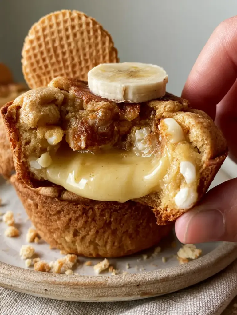 Eye-level view of several Banana Pudding Cookie Muffins on a linen napkin, highlighting the toasted Nilla Wafer topping. (Banana Pudding Cookie Muffins)