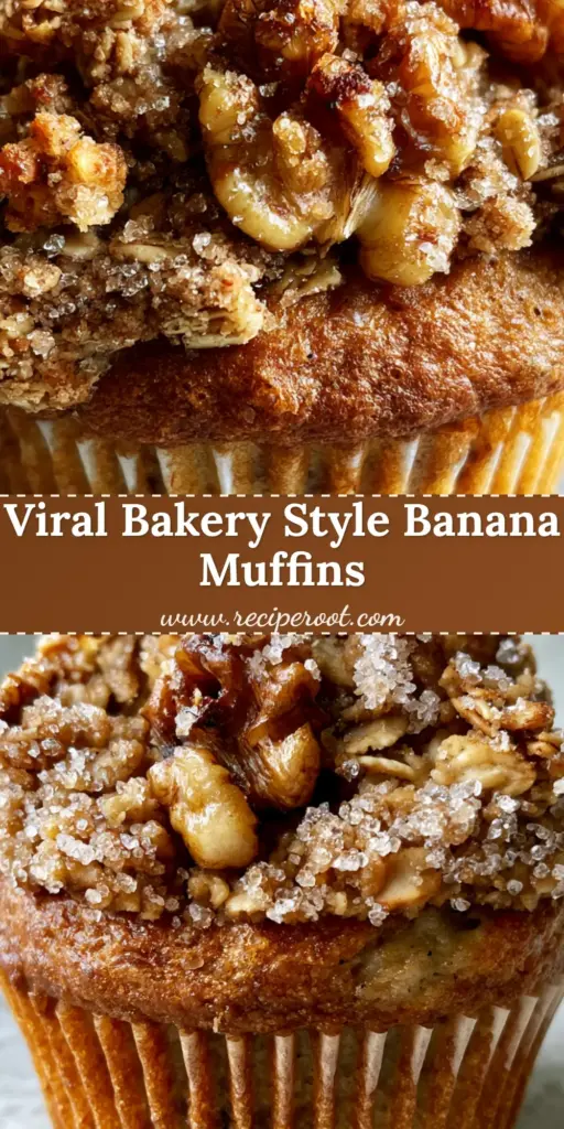 A close-up shot of a jumbo bakery-style banana crunch muffin with a thick streusel topping and a caramelized banana slice on a neutral background. (banana crunch muffins)