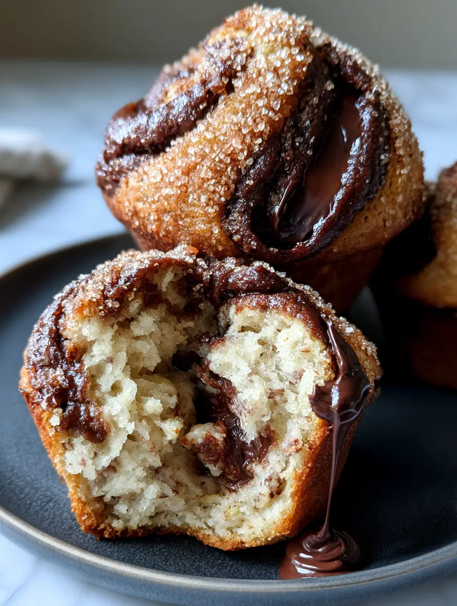 Close-up of a Nutella Banana Swirl Muffin showing glossy chocolate ribbons and golden-brown crust.