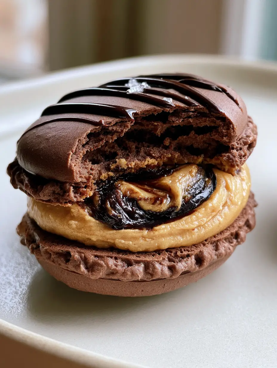 Extreme macro close-up of a chocolate peanut butter macaron showing the chewy interior and ganache core. (chocolate peanut butter macarons)
