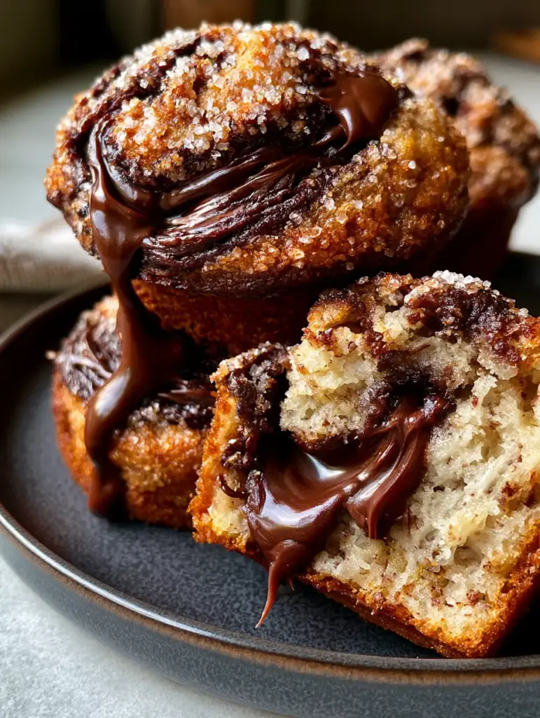 A Nutella Banana Swirl Muffin torn open to reveal a pale ivory crumb and molten chocolate hazelnut core.