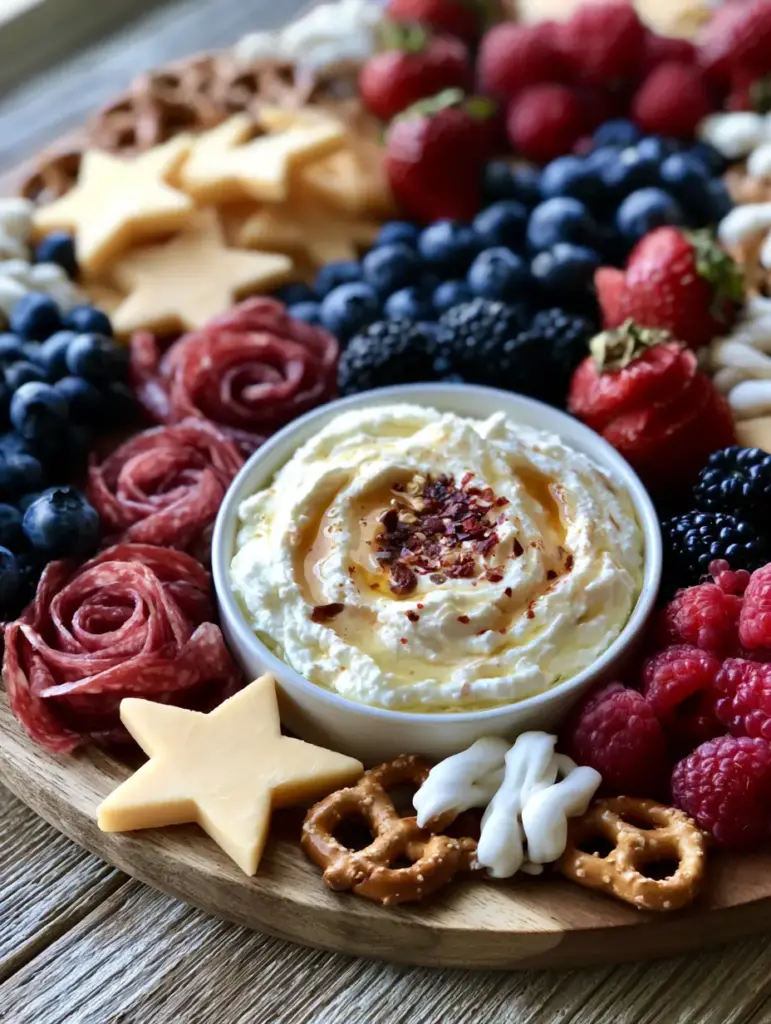 Overhead view of a patriotic charcuterie board featuring blue corn chips and yogurt pretzels as 4th of July party ideas.