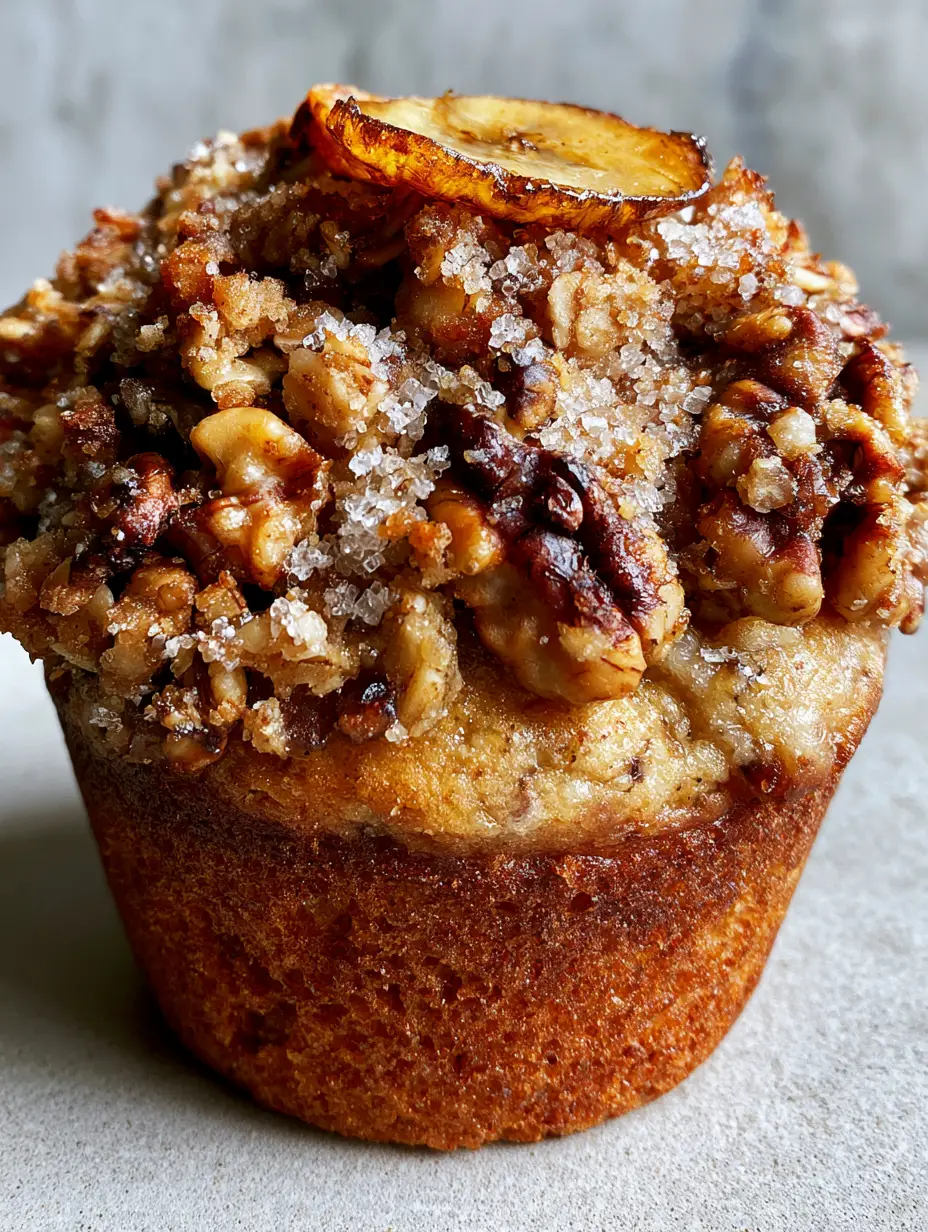 Extreme macro photography of a banana crunch muffin showing the jagged texture of toasted oats, walnuts, and turbinado sugar crystals. (banana crunch muffins)