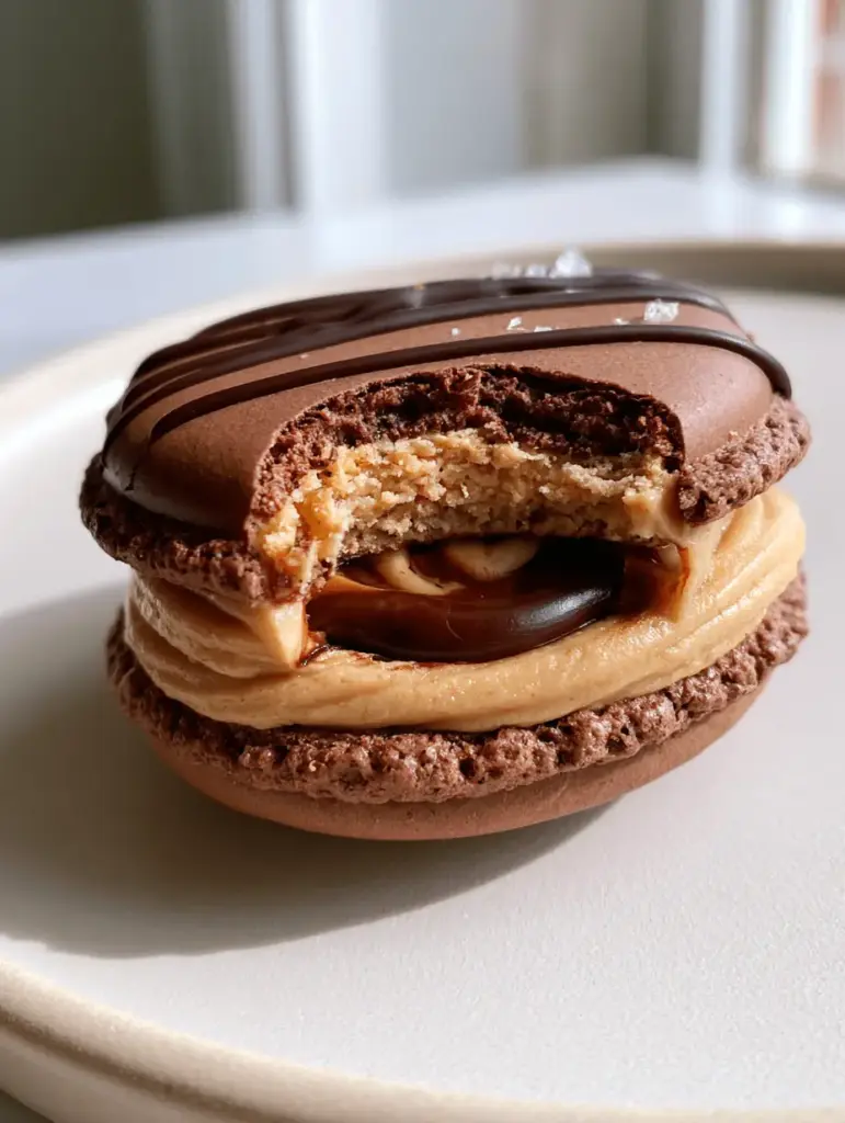 A single chocolate peanut butter macaron with a bite taken out, resting on an off-white plate.