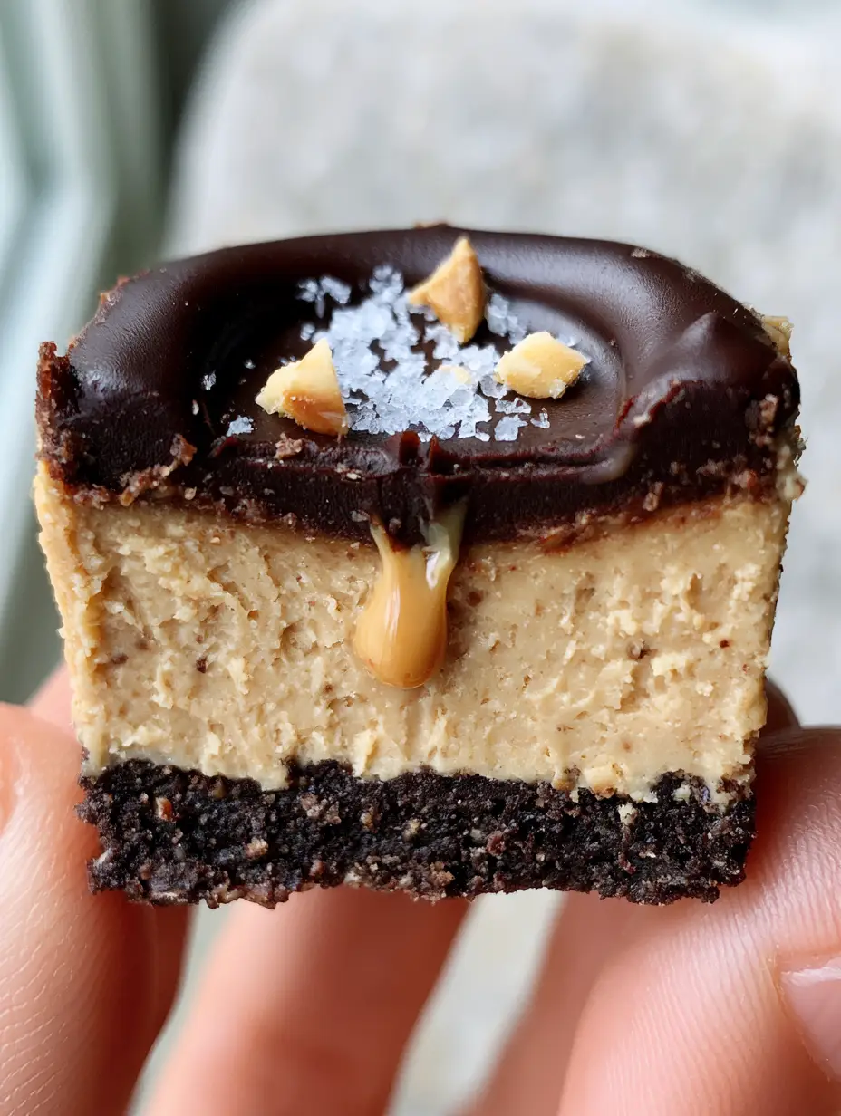 Extreme cross-section of a Protein Peanut Butter Cheesecake Cup held between fingers, showing the oozing peanut butter center and dark crust.