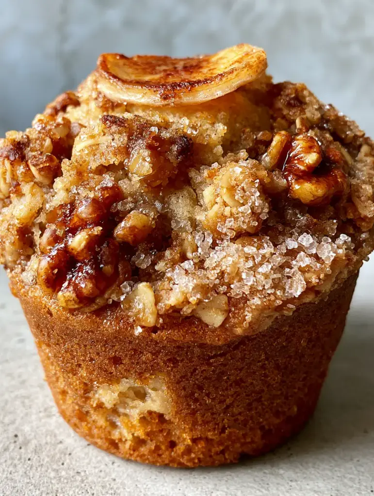 A side-lit view of a banana crunch muffin highlighting the moist golden crumb and the heavy, craggy streusel crumble on top.
