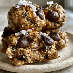 Close-up of a broken energy oatmeal ball showing a dense fudgy interior and white chia seeds. (energy oatmeal balls)