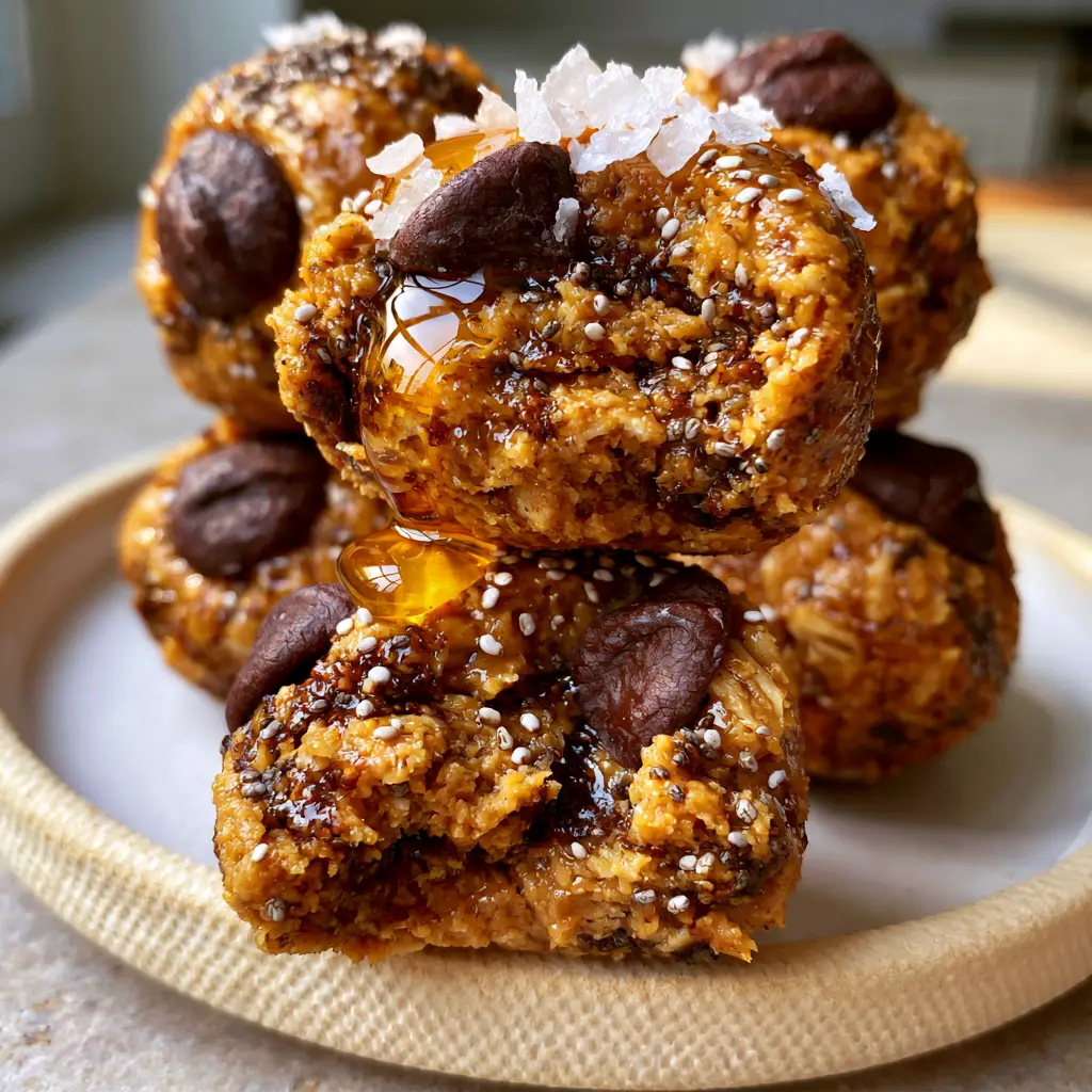 A stack of energy oatmeal balls with a glistening honey drizzle under natural warm daylight.