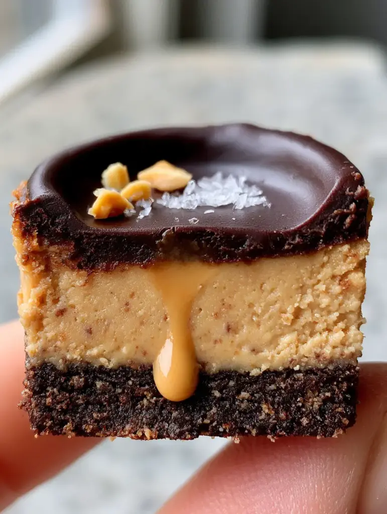 Close up of the smooth dark chocolate ganache top of the Protein Peanut Butter Cheesecake Cups with salt and peanut shards.