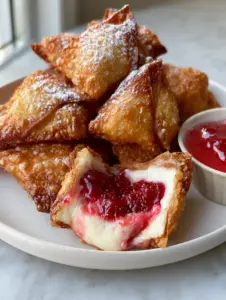 Smartphone photo of crispy, blistered strawberry cream cheese wontons on a marble countertop with soft morning light. (strawberry cream cheese wontons)