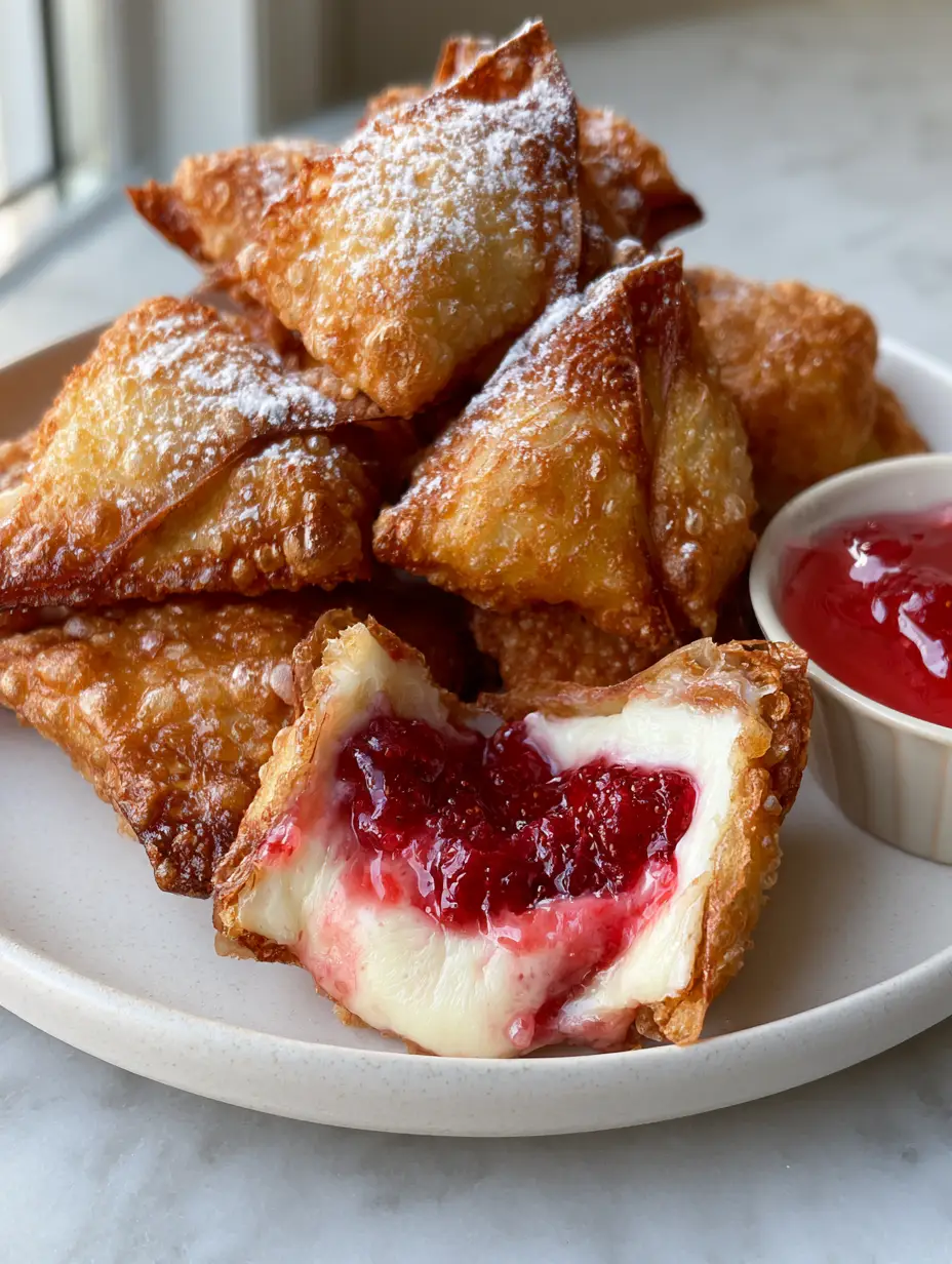 Smartphone photo of crispy, blistered strawberry cream cheese wontons on a marble countertop with soft morning light. (strawberry cream cheese wontons)
