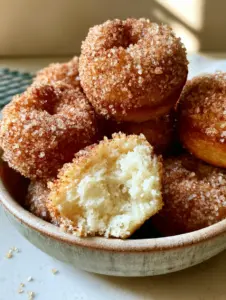 A smartphone photo of a ceramic bowl filled with Donut Mini Muffins, showing a torn muffin with visible steam and a fluffy white interior.