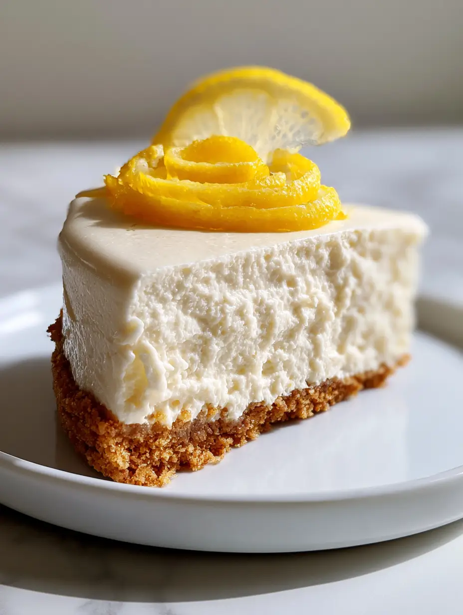 Extreme macro of no-bake lemon cheesecake showing the matte finish and airy yet firm filling. (no-bake lemon cheesecake)