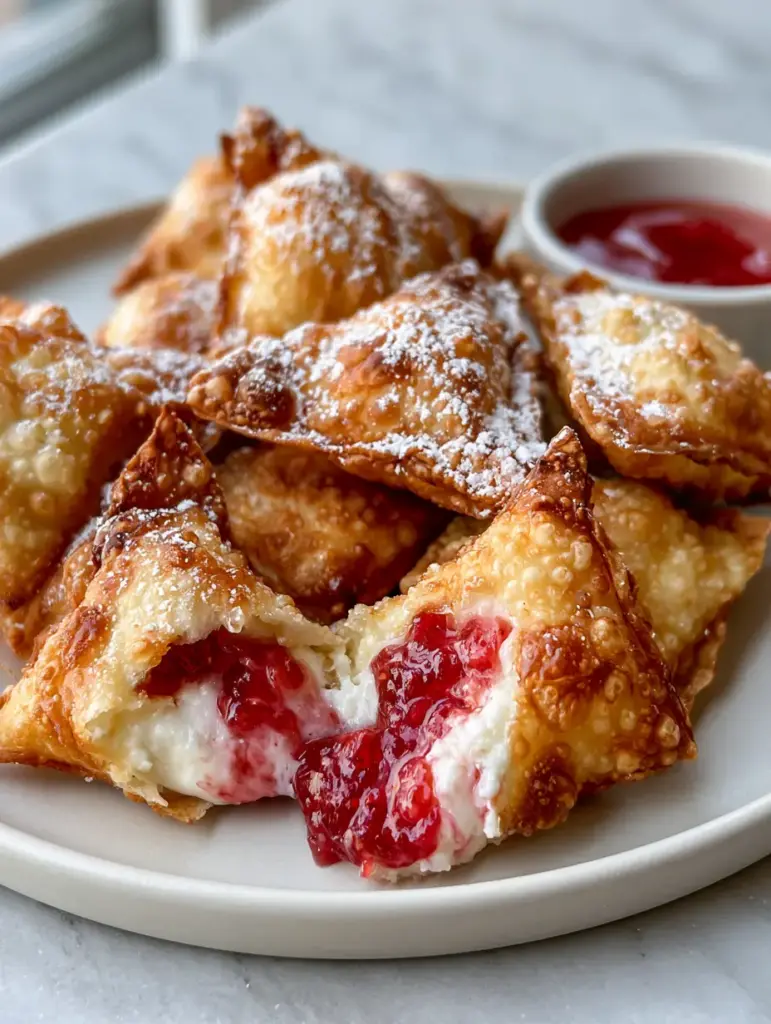 A torn open air-fried wonton revealing a swirled filling of white cream cheese and ruby-red strawberry jam.