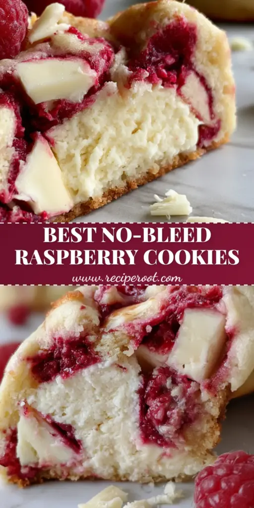 A stack of thick, gourmet white chocolate raspberry cheesecake cookies with visible raspberry swirls and white chocolate chunks on a marble surface.