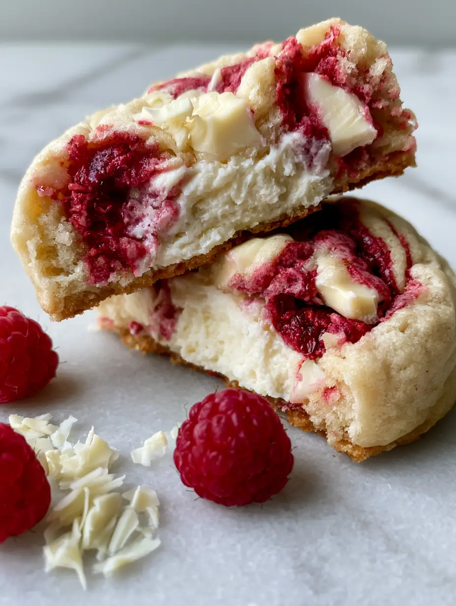 Extreme macro close-up of a thick gourmet white chocolate raspberry cheesecake cookie broken in half to reveal a dense creamy cheesecake filling.