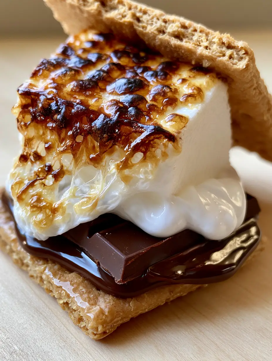 Macro close up of charred jumbo marshmallow on dark chocolate square and glazed cracker. (s'mores hacks)