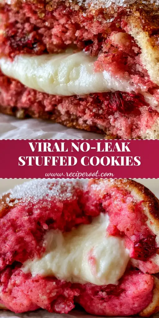 A professional Pinterest pin showing a thick, soft-baked strawberry cheesecake cookie pulled apart to reveal a molten cream cheese center with dried strawberry chunks and golden edges.