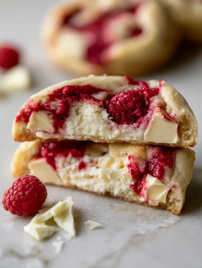 Top down view of a soft-baked white chocolate raspberry cheesecake cookie with fresh raspberries and white chocolate shavings on grey marble.