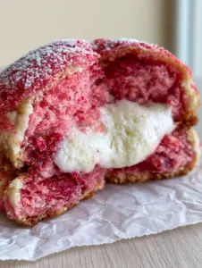 Extreme macro close-up of thick, soft-baked strawberry cheesecake cookies revealing a luscious, molten brilliant white cream cheese filling.