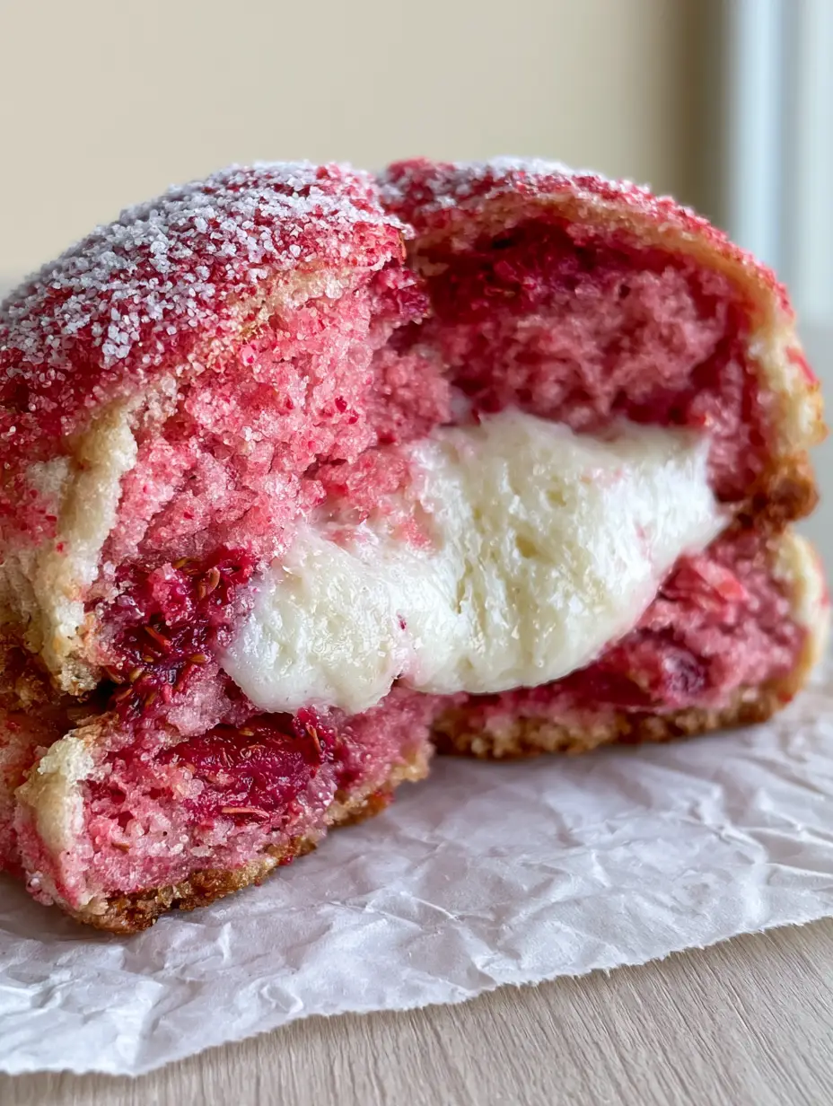 Extreme macro close-up of thick, soft-baked strawberry cheesecake cookies revealing a luscious, molten brilliant white cream cheese filling.