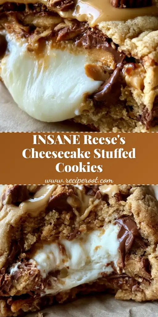 A stack of thick Reese’s Cheesecake Cookies with golden-brown edges and a glossy peanut butter drizzle on parchment paper.