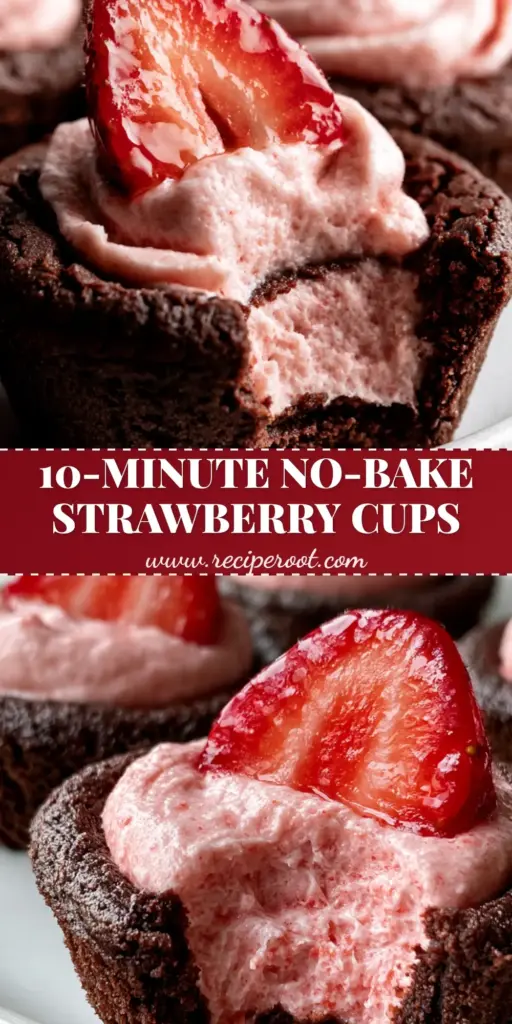 A professional flat lay of strawberry cheesecake chocolate cookie cups on a grey stone surface with fresh strawberry slices.
