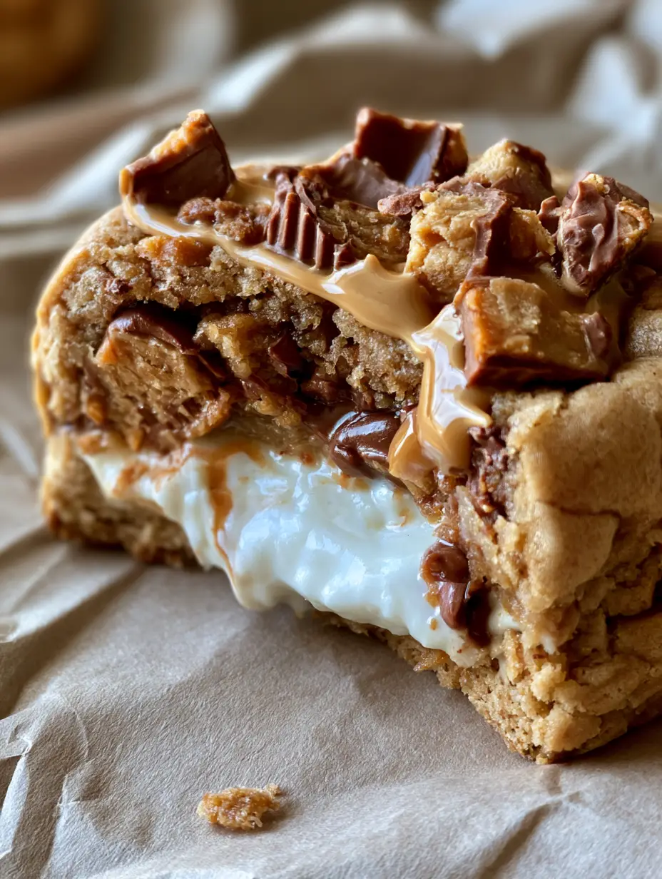 Close-up handheld photo of a Reese’s Cheesecake Cookie broken in half to reveal a molten, bright white cheesecake core.