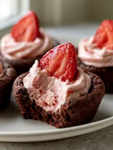 Close-up handheld photo of strawberry cheesecake chocolate cookie cups showing the matte cocoa base and pink mousse.