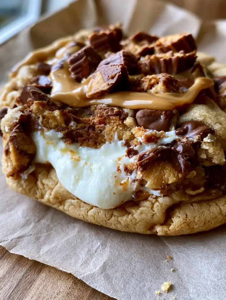 Reese’s Cheesecake Cookies showing crinkled texture, chocolate chunks, and shards of peanut butter cups on parchment paper.