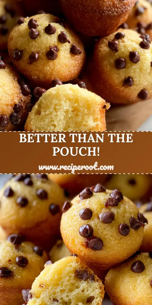 A vertical pile of golden-brown Copycat Little Bites Chocolate Chip Mini Muffins in a brown paper pouch on a white marble surface.