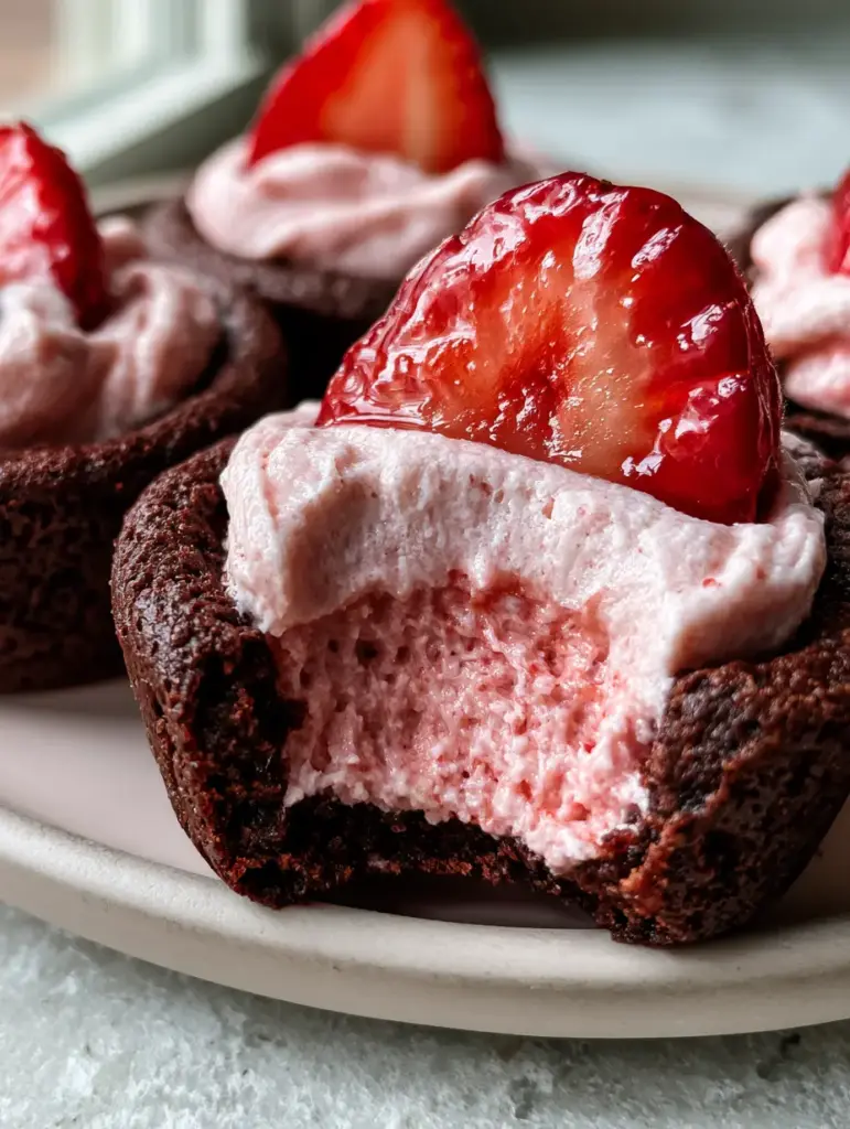 A strawberry cheesecake chocolate cookie cup with a bite taken out, revealing the creamy pink interior.