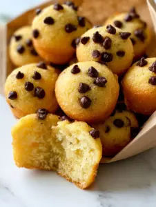 Macro shot of warm golden-brown mini muffins with melted semi-sweet chocolate chips and sugar crystals. (Copycat Little Bites Chocolate Chip Mini Muffins)