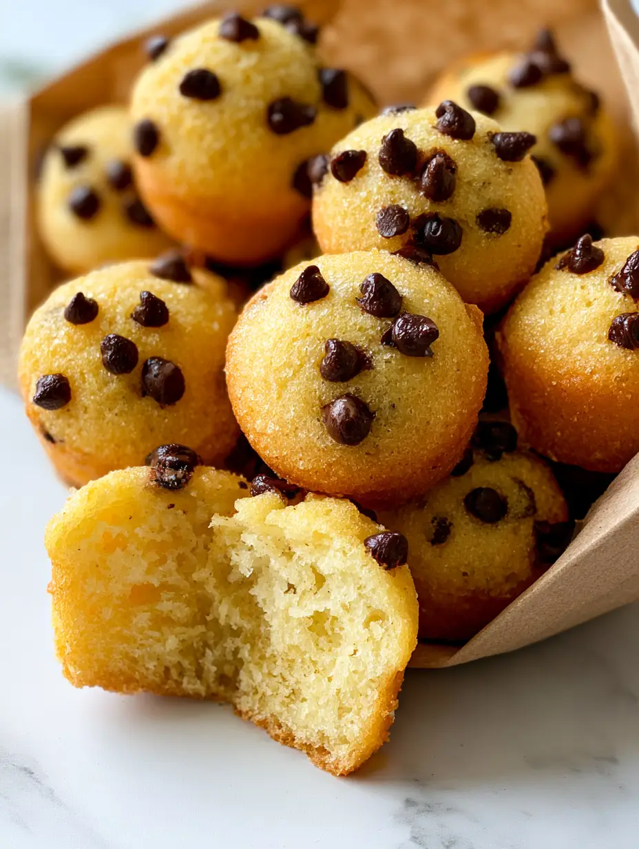 Macro shot of warm golden-brown mini muffins with melted semi-sweet chocolate chips and sugar crystals. (Copycat Little Bites Chocolate Chip Mini Muffins)