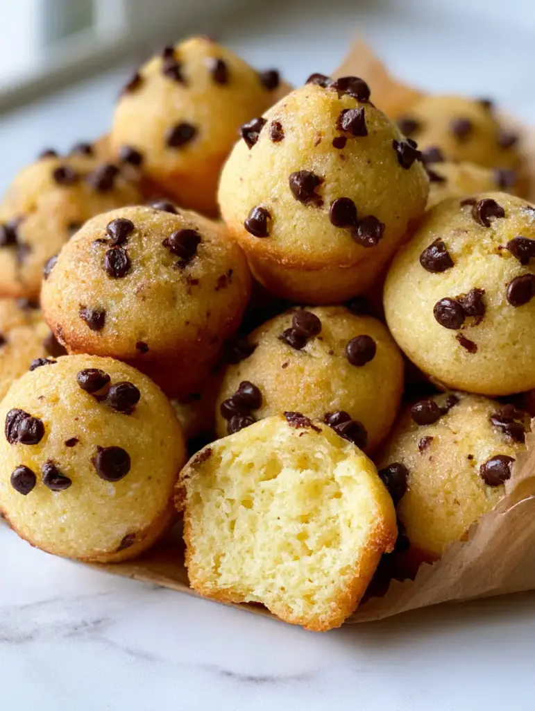 A split Copycat Little Bites Chocolate Chip Mini Muffin showing an ultra-moist, airy crumb and melted chocolate chips.